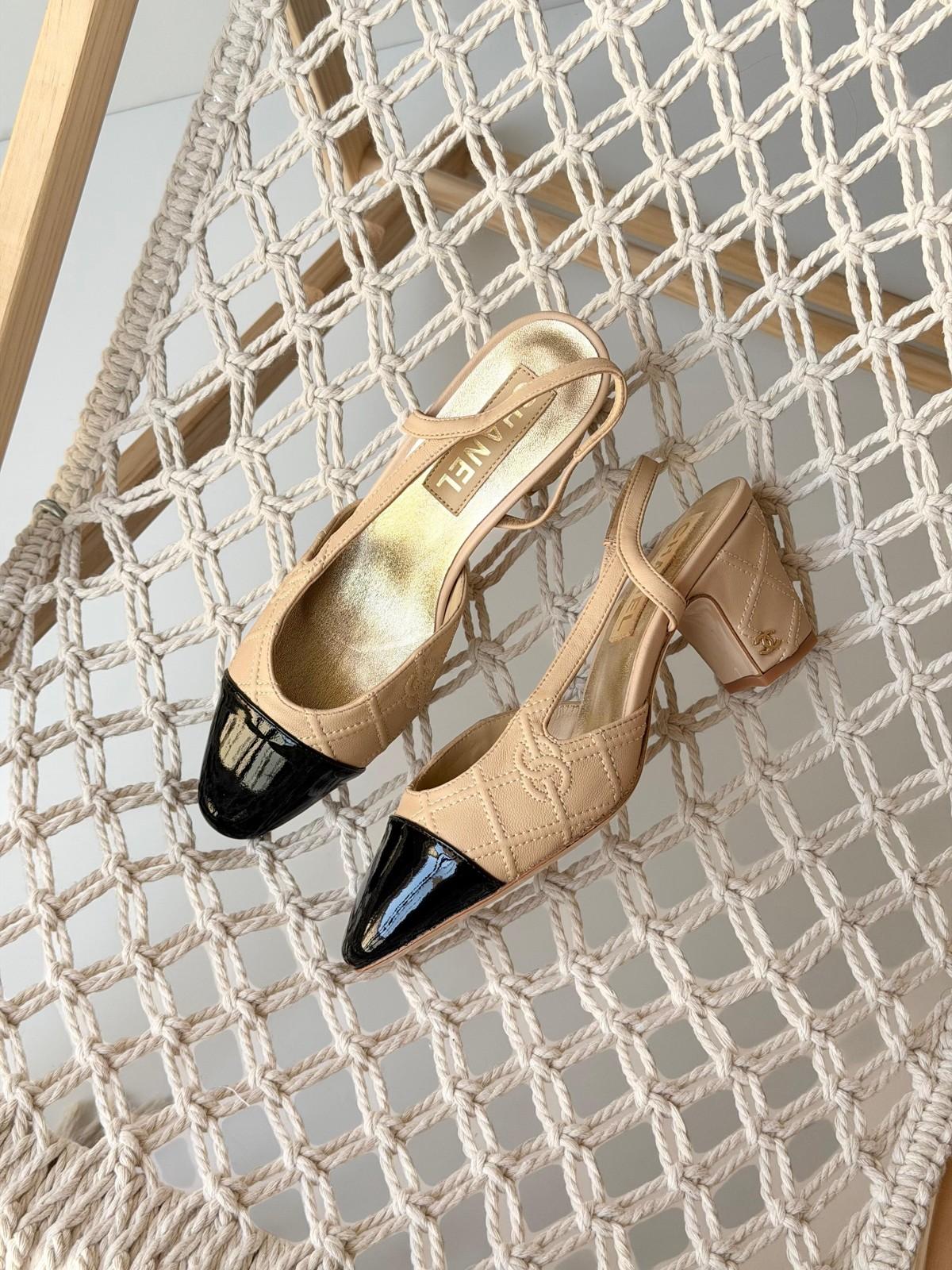Chanel Slingback Pumps in Beige Lambskin with Black Patent Cap-Toe · 3