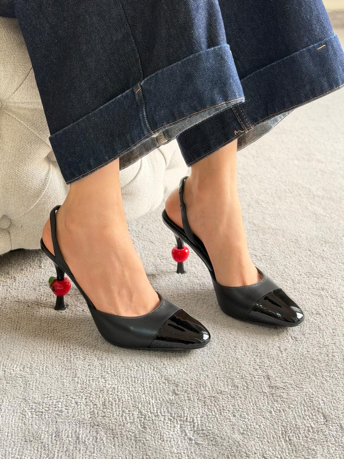 Chanel Slingback Pumps in Red Leather with Black Patent Cap Toe and Cherry Heel · 3