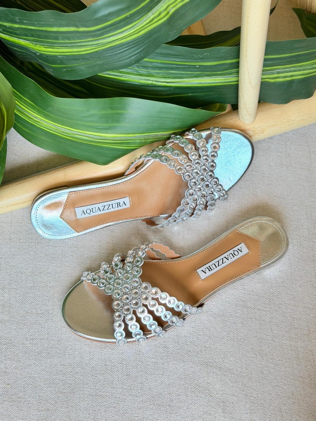 Aquazzura Crystal Embellished Metallic Slide Sandals · 2