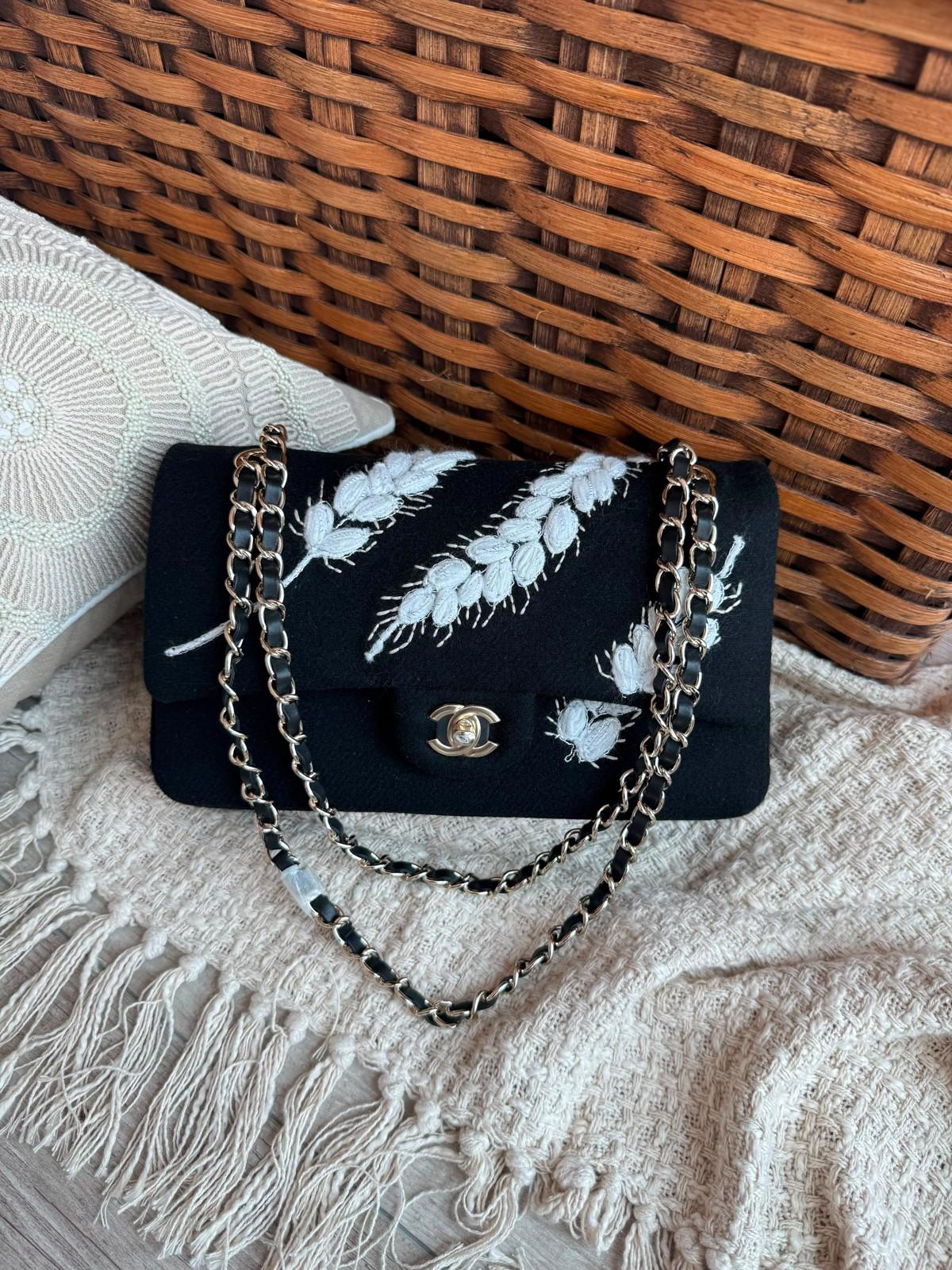 Chanel Classic Flap Bag in Black Wool with White Wheat Embroidery · 2