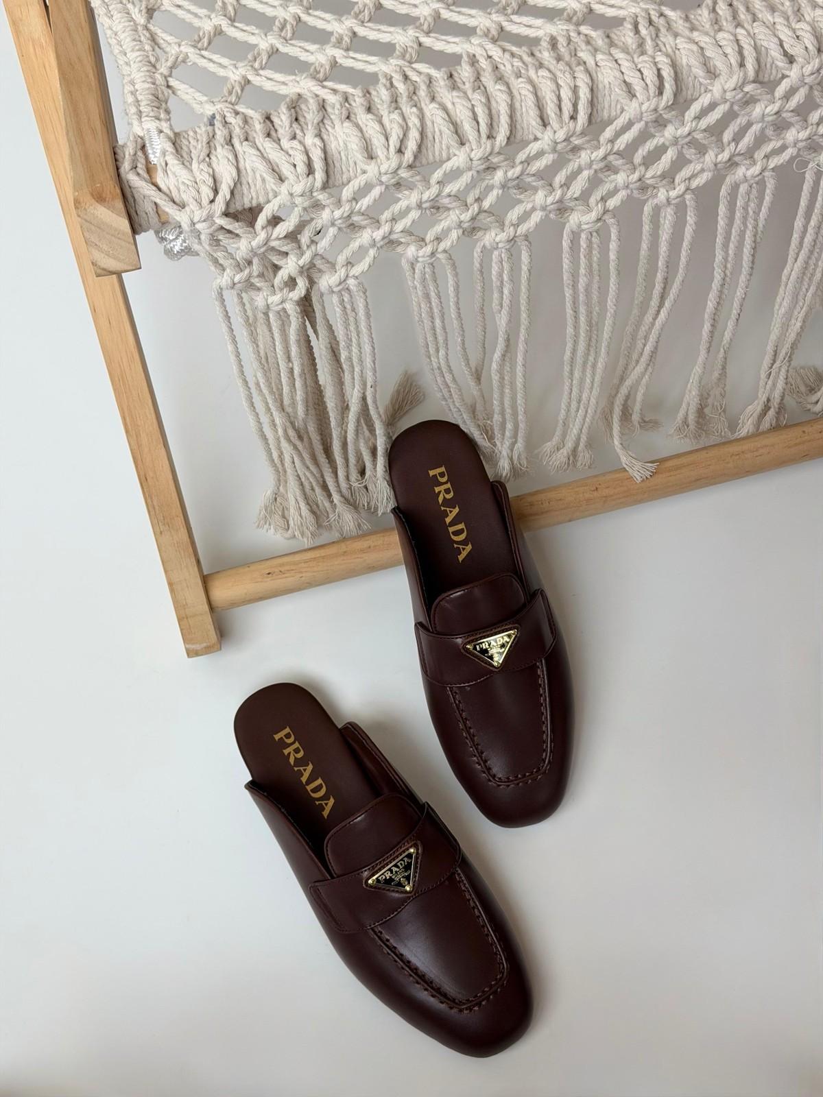Prada Leather Mule Loafers in Brown and Black Calfskin · 3