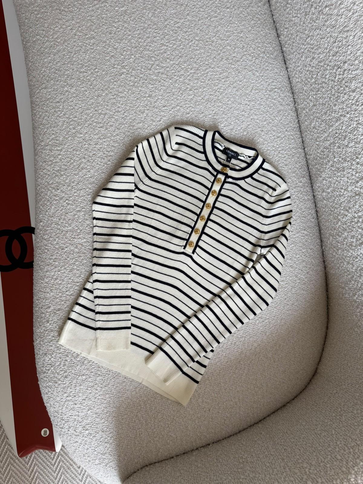 Chanel Striped Ribbed Knit Henley Top in Ivory and Black · 2