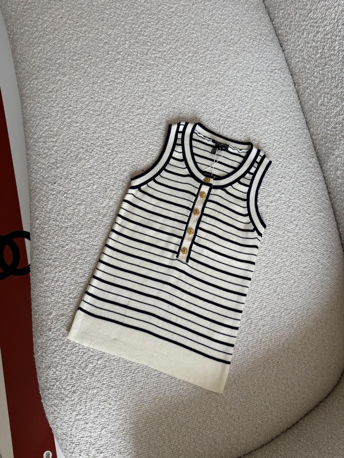 Chanel Striped Ribbed Knit Sleeveless Top with CC Buttons · 2