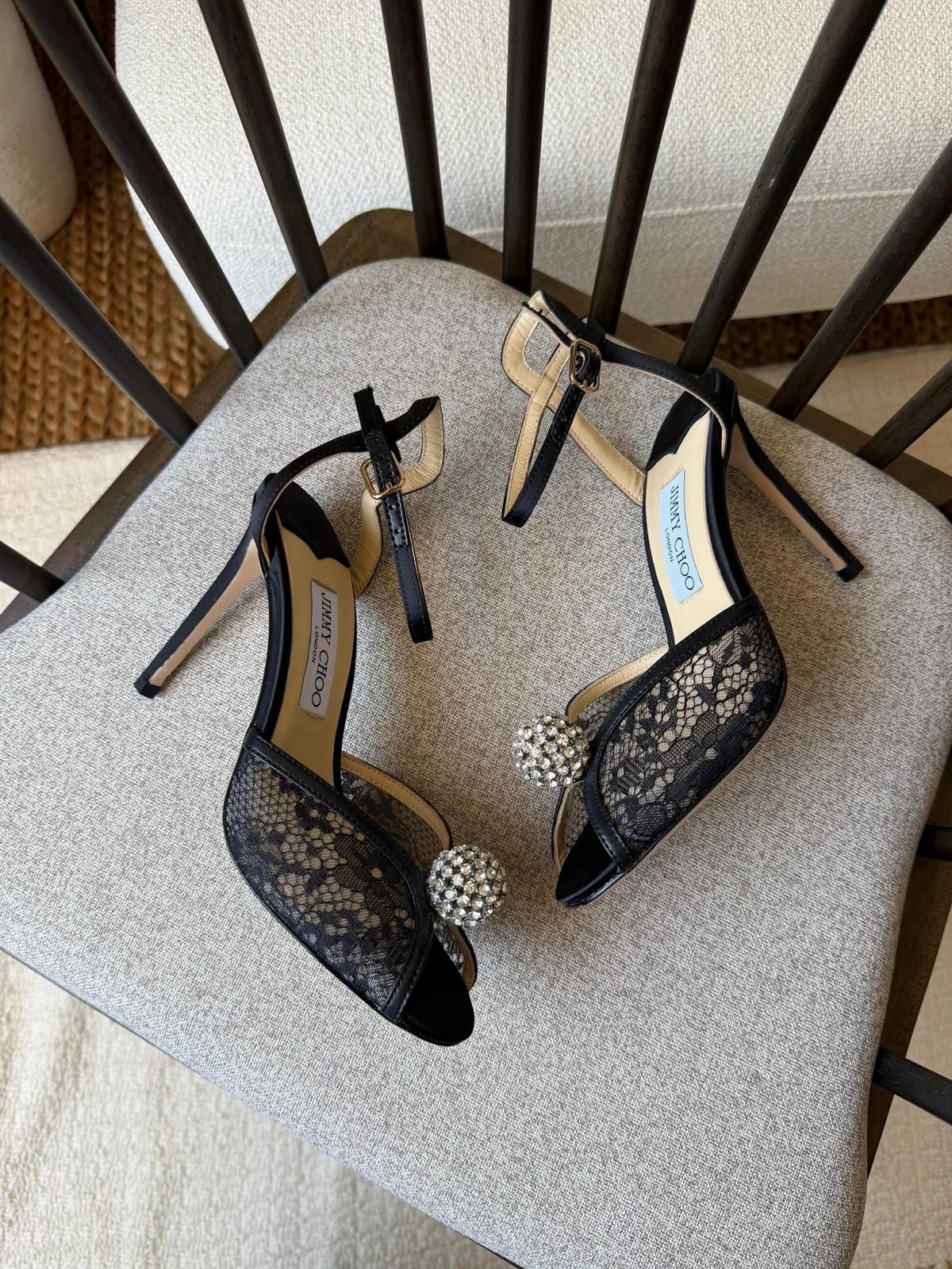 Jimmy Choo Lace Crystal-Buckle Peep-Toe Sandals · 3