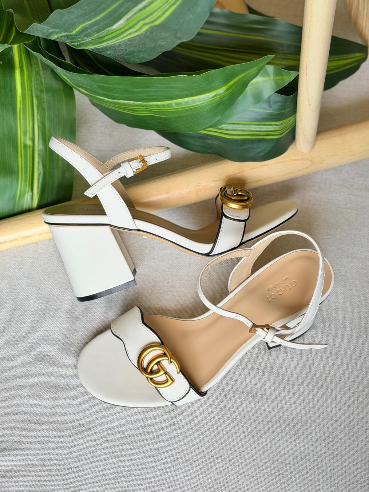 Gucci GG Marmont Leather Block-Heel Sandal with Double G Buckle · 2