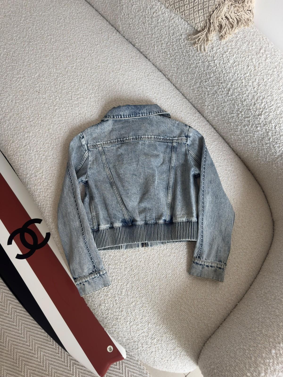 Chanel Cropped Denim Jacket in Light Blue with Ribbed Trim · 2