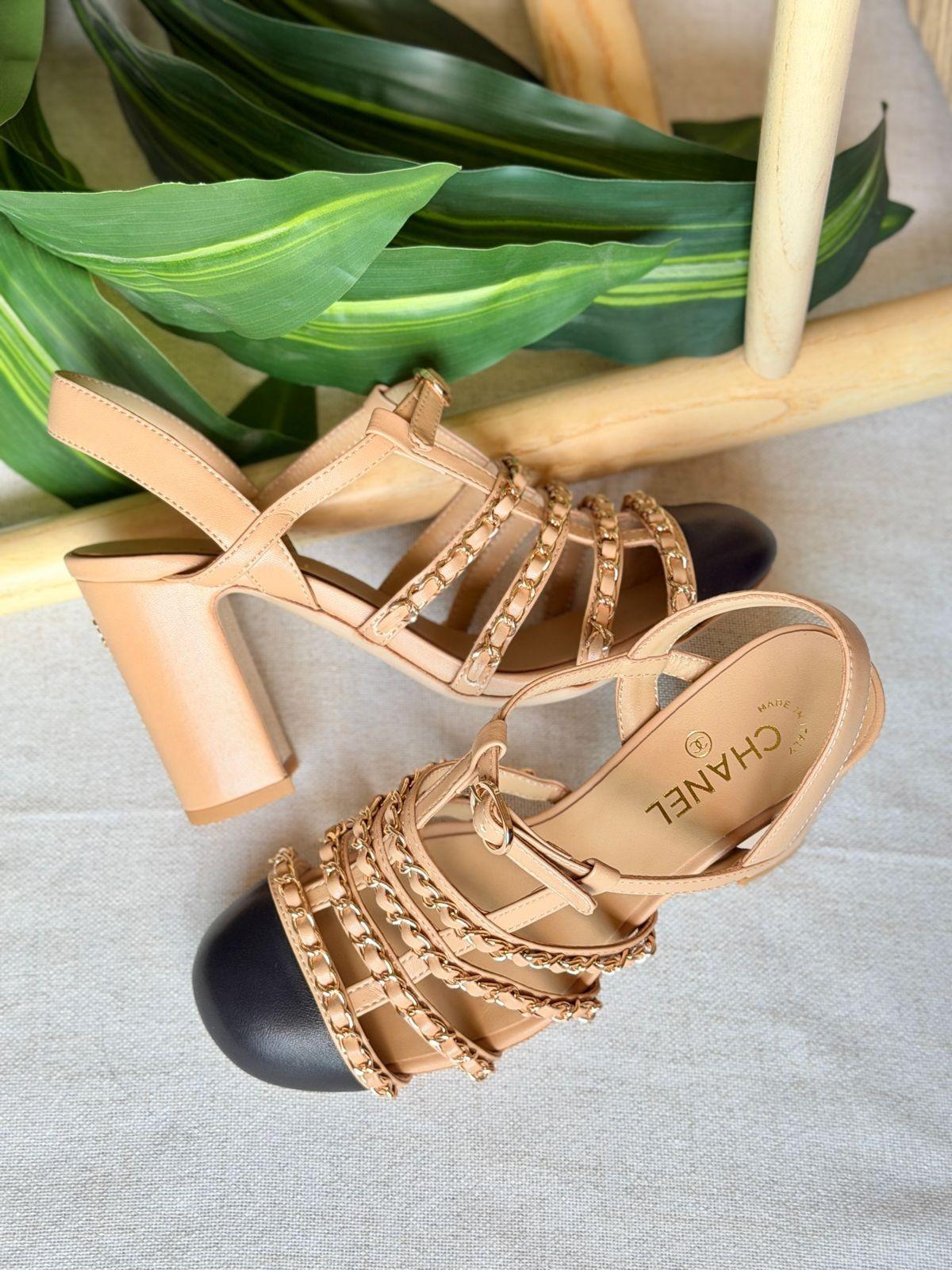 Chanel Chain-Embellished Block-Heel Sandals in Patent Calfskin · 3