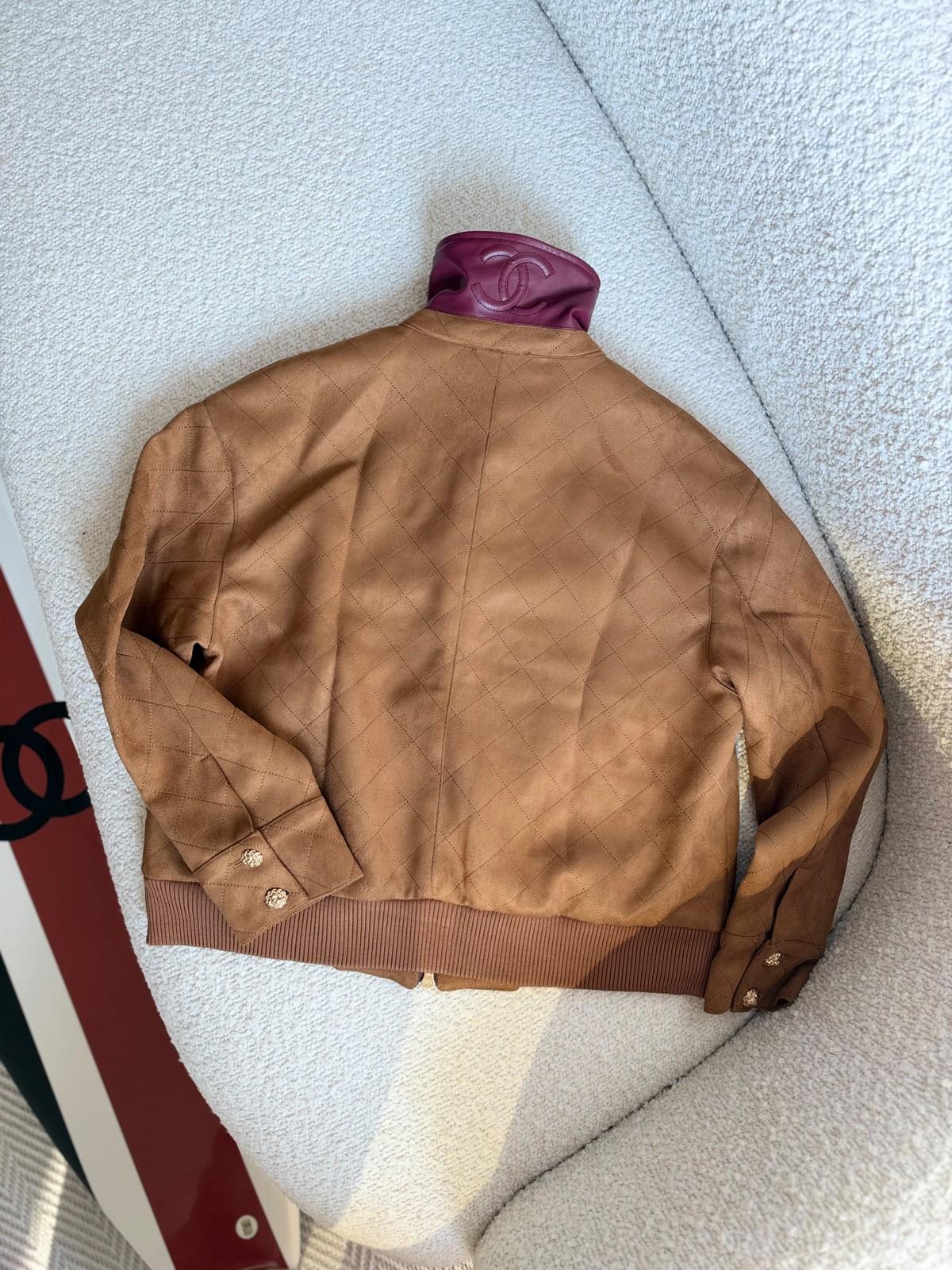 Chanel Quilted Lambskin Bomber Jacket in Brown with Burgundy Collar · 2