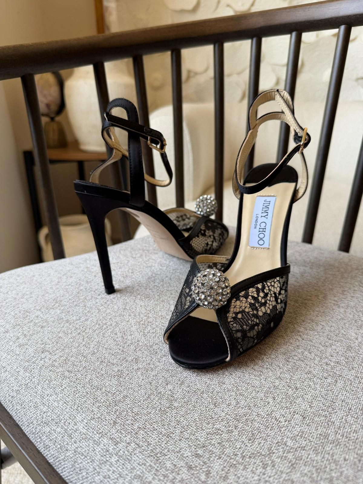 Jimmy Choo Lace Crystal-Buckle Peep-Toe Sandals · 2