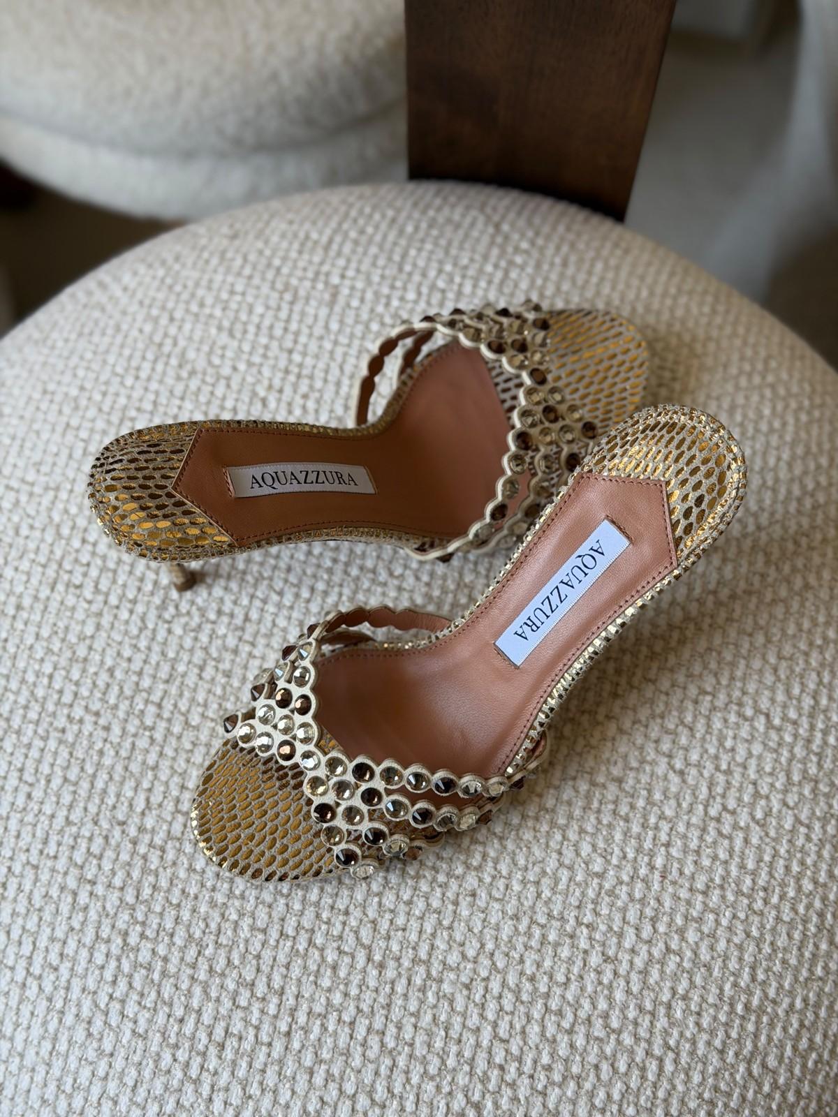 Aquazzura Gold Embellished Mesh Crystal Sandal Heels · 2