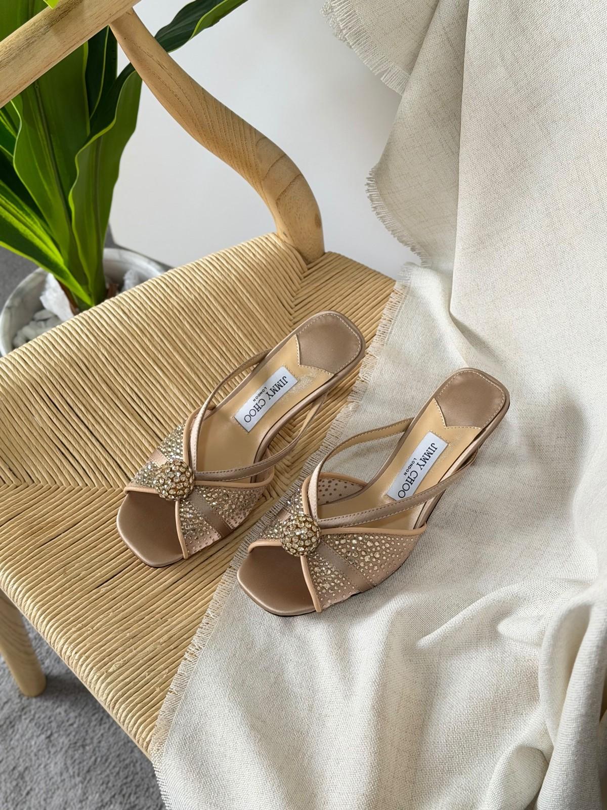 Jimmy Choo Crystal-Embellished Beaded Mule Sandal in Nude Leather · 3