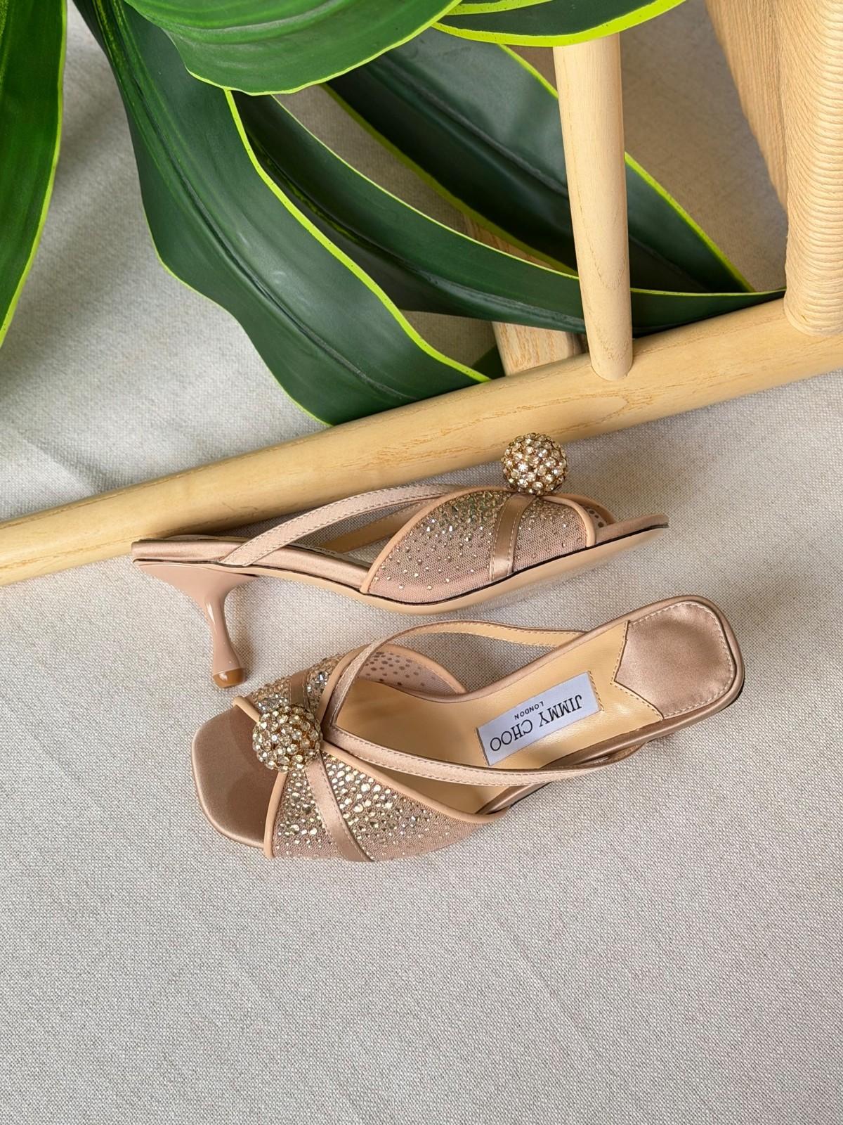 Jimmy Choo Crystal-Embellished Beaded Mule Sandal in Nude Leather · 2