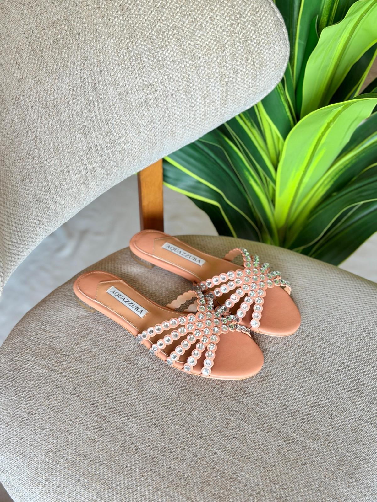 Aquazzura Crystal Beaded Strappy Flat Slide Sandal in Blush Nude Leather · 3
