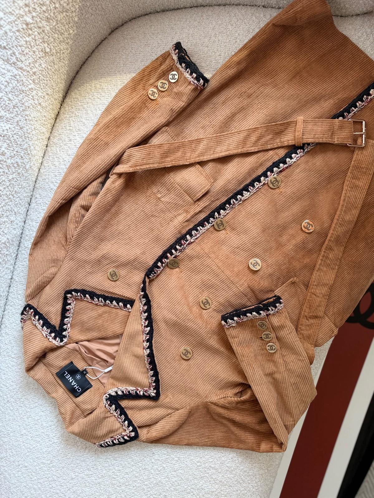 Chanel Double-Breasted Corduroy Jacket in Camel with Braided Trim · 3