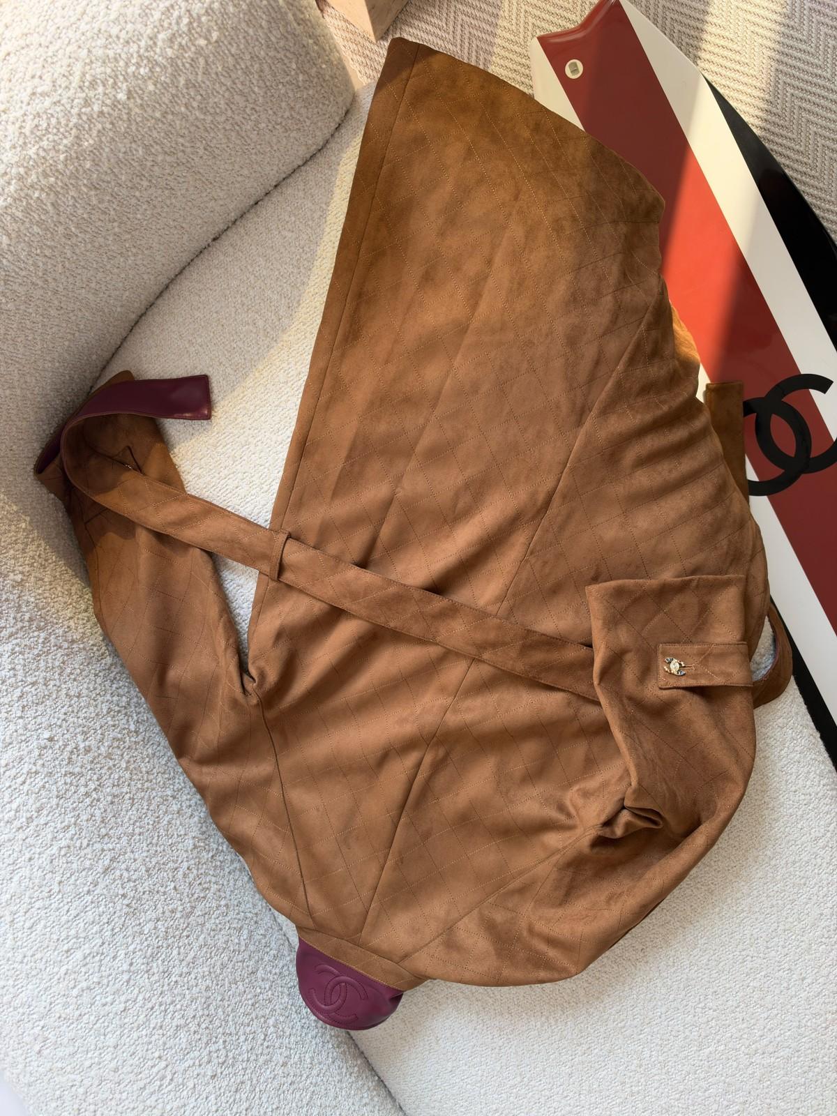 Chanel Quilted Suede Belted Jacket in Brown with Burgundy Trim · 3