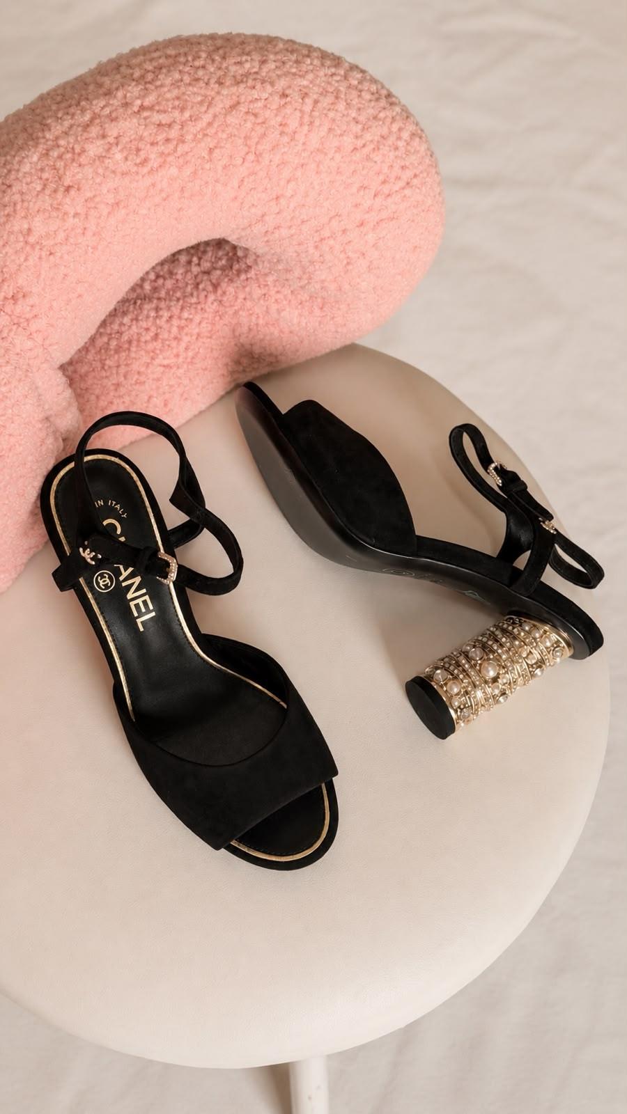 Chanel pearl-heel slingback sandals in suede · 2