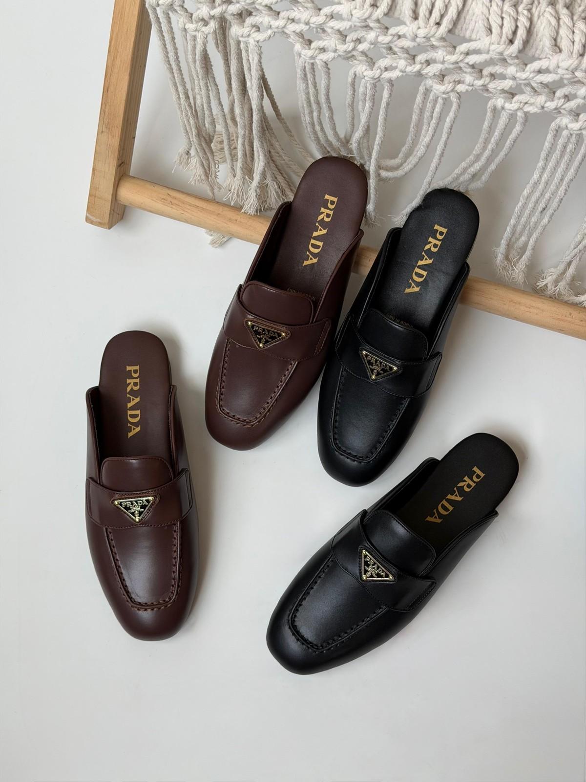 Prada Leather Mule Loafers in Brown and Black Calfskin · 2