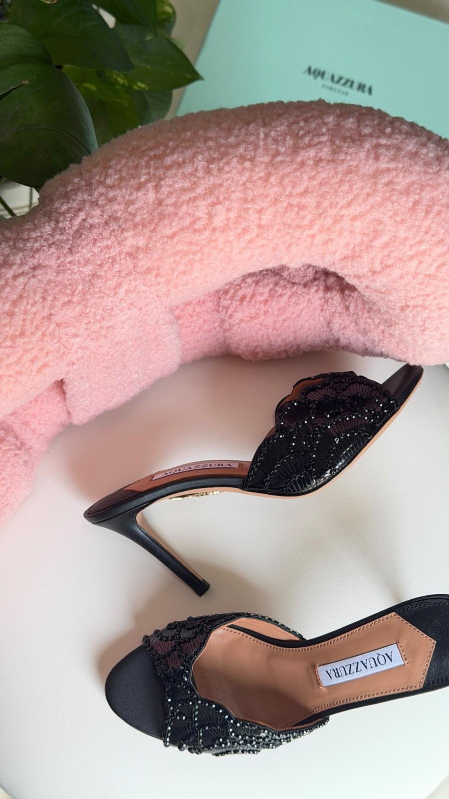 Aquazzura Black Beaded Lace Slingback Sandal · 2