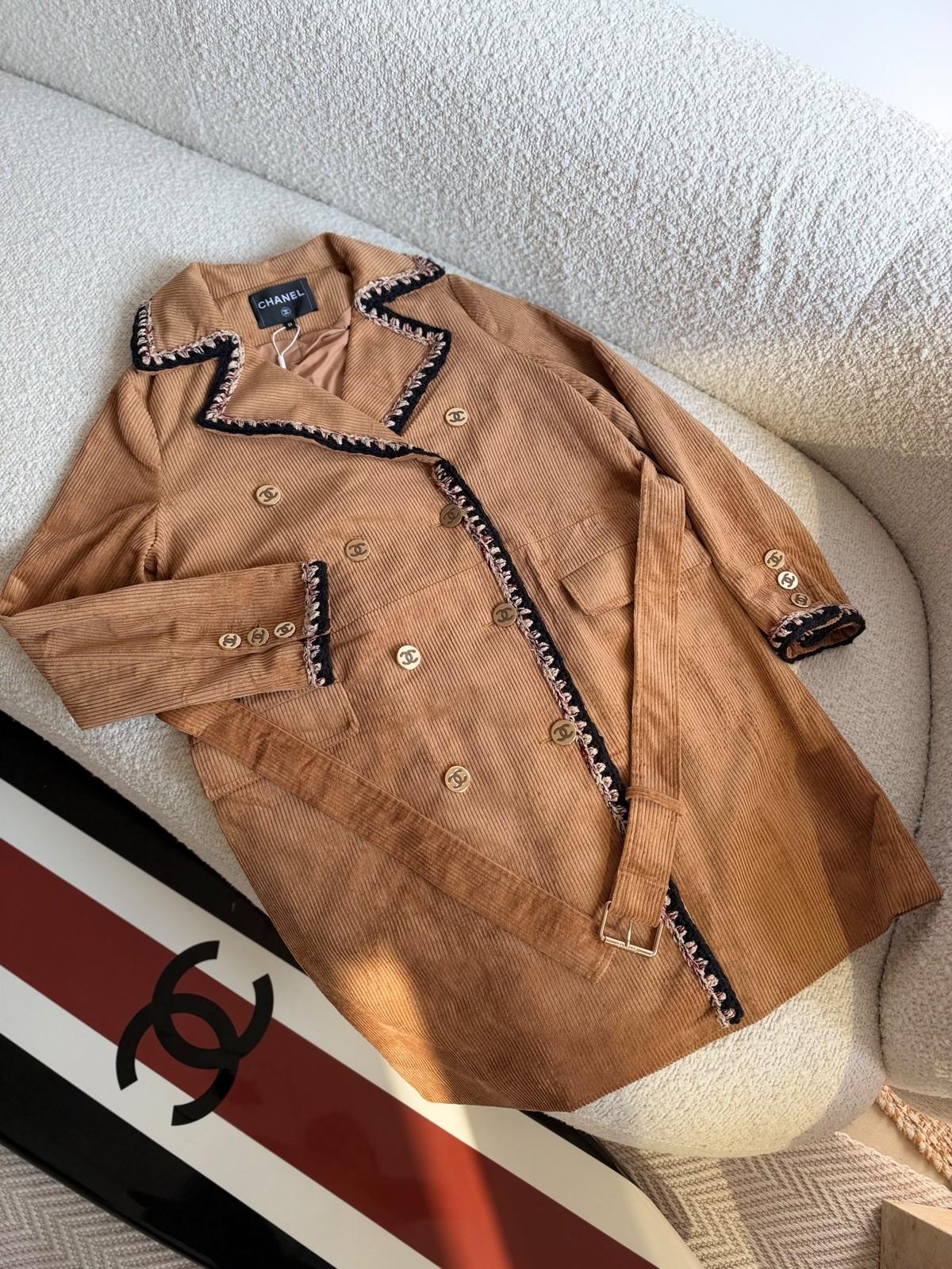 Chanel Double-Breasted Corduroy Jacket in Camel with Braided Trim · 2