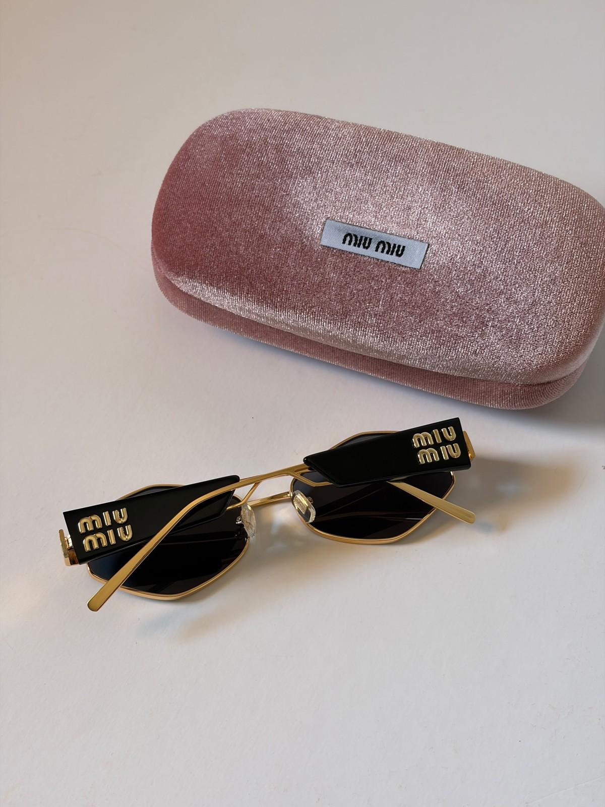 Miu Miu gold metal geometric sunglasses with miu miu temple tips · 3