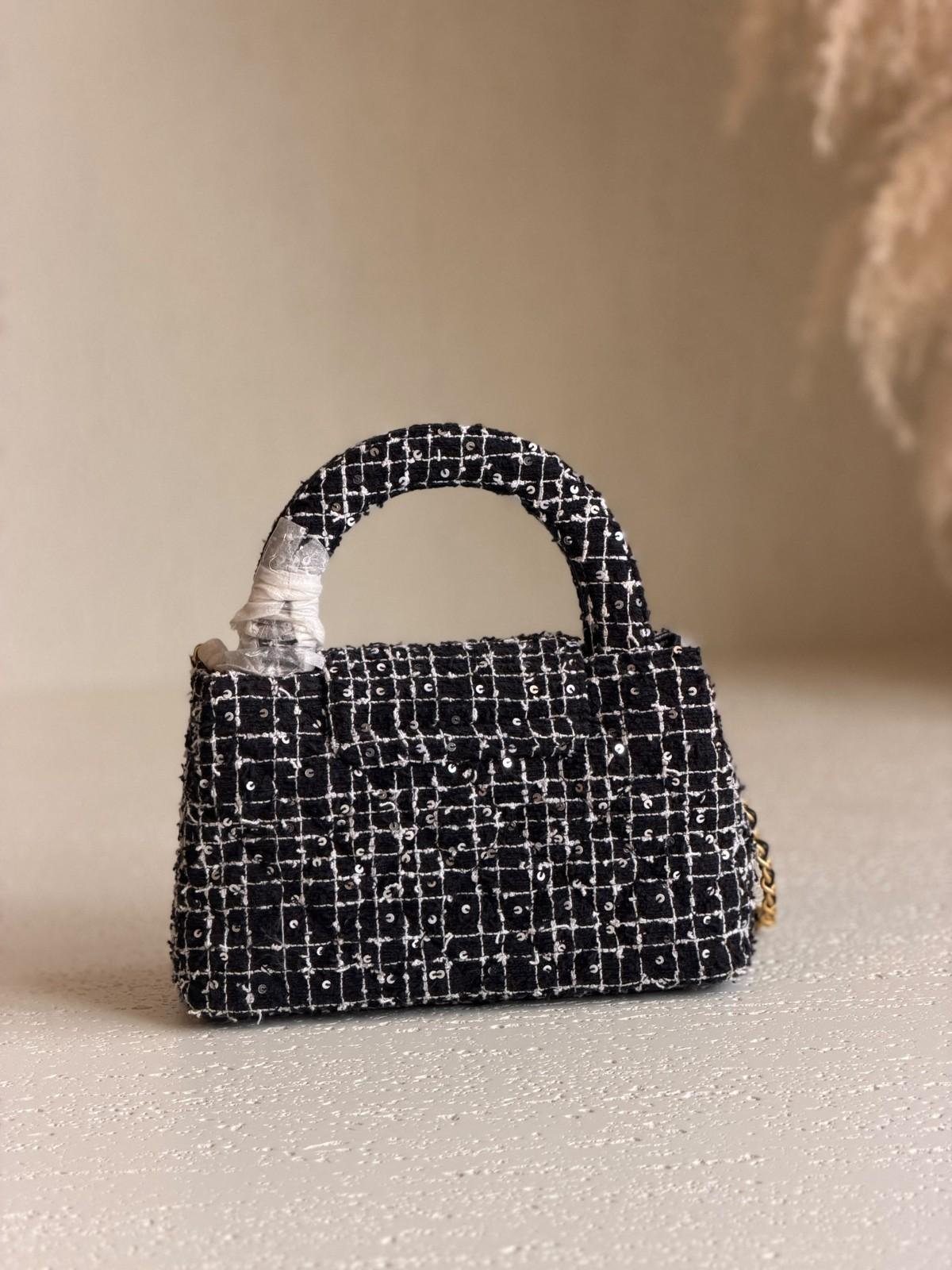 Chanel Kelly Top Handle Bag in Black & White Tweed with Gold Hardware · 2