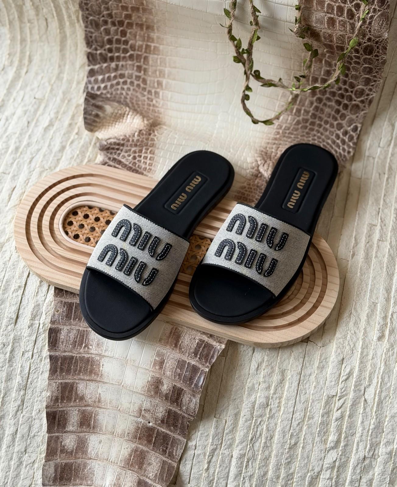 Miu Miu logo slide sandals in crochet and canvas · 2