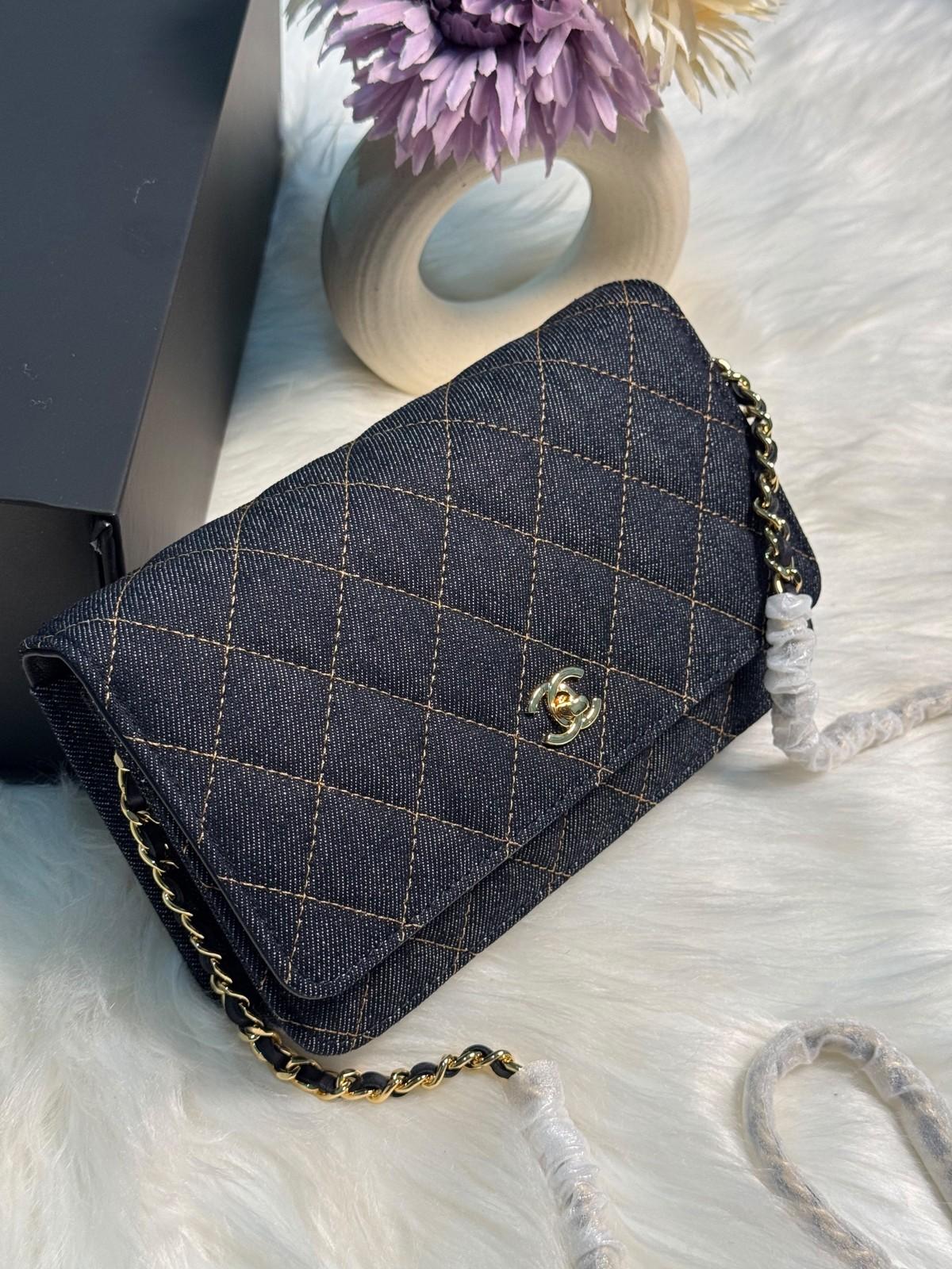 Chanel Quilted Denim Wallet on Chain with Vanity Case in Navy · 3