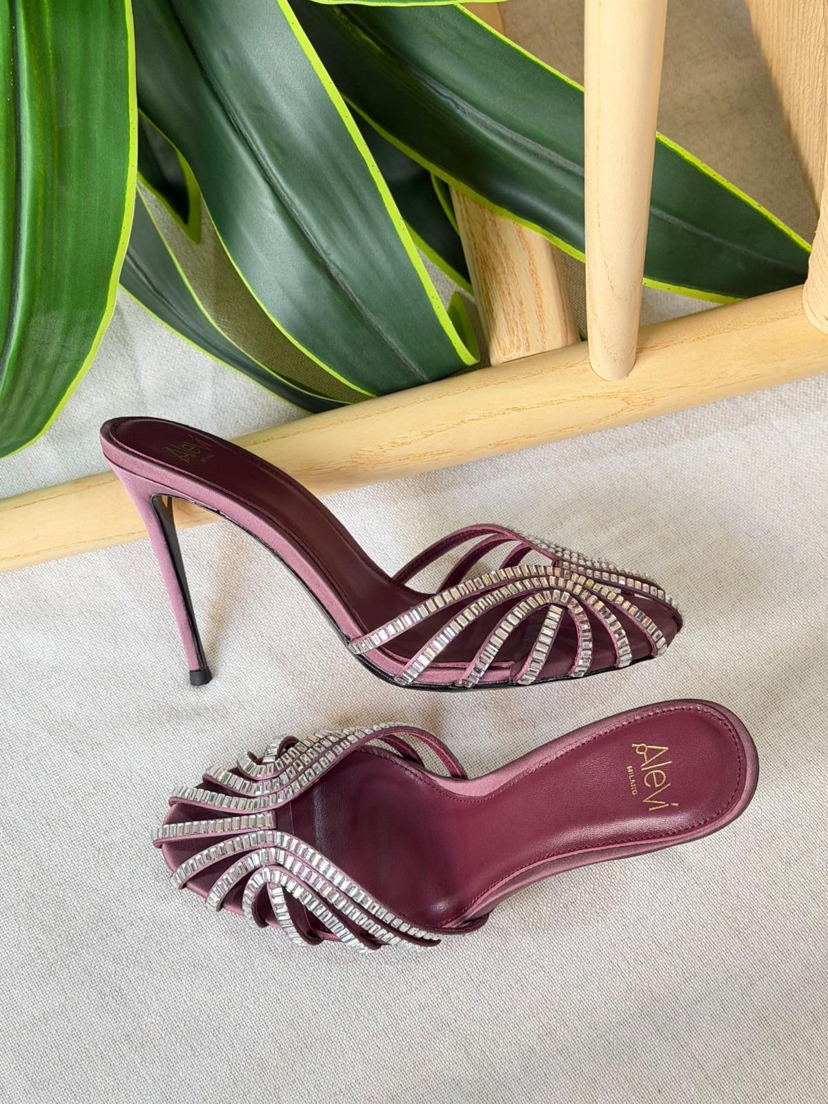 AL.EVÍ Crystal-Embellished Strappy Mule Sandal in Burgundy Satin · 2