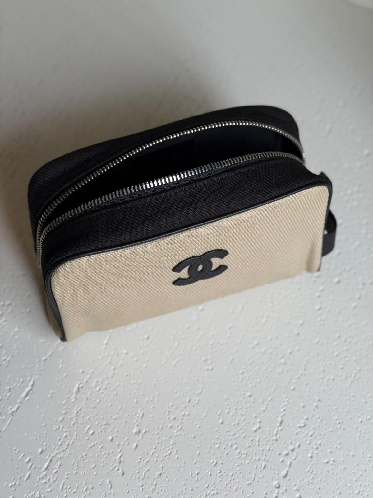 Chanel CC Beige & Black Canvas Zippered Cosmetic Pouch · 3