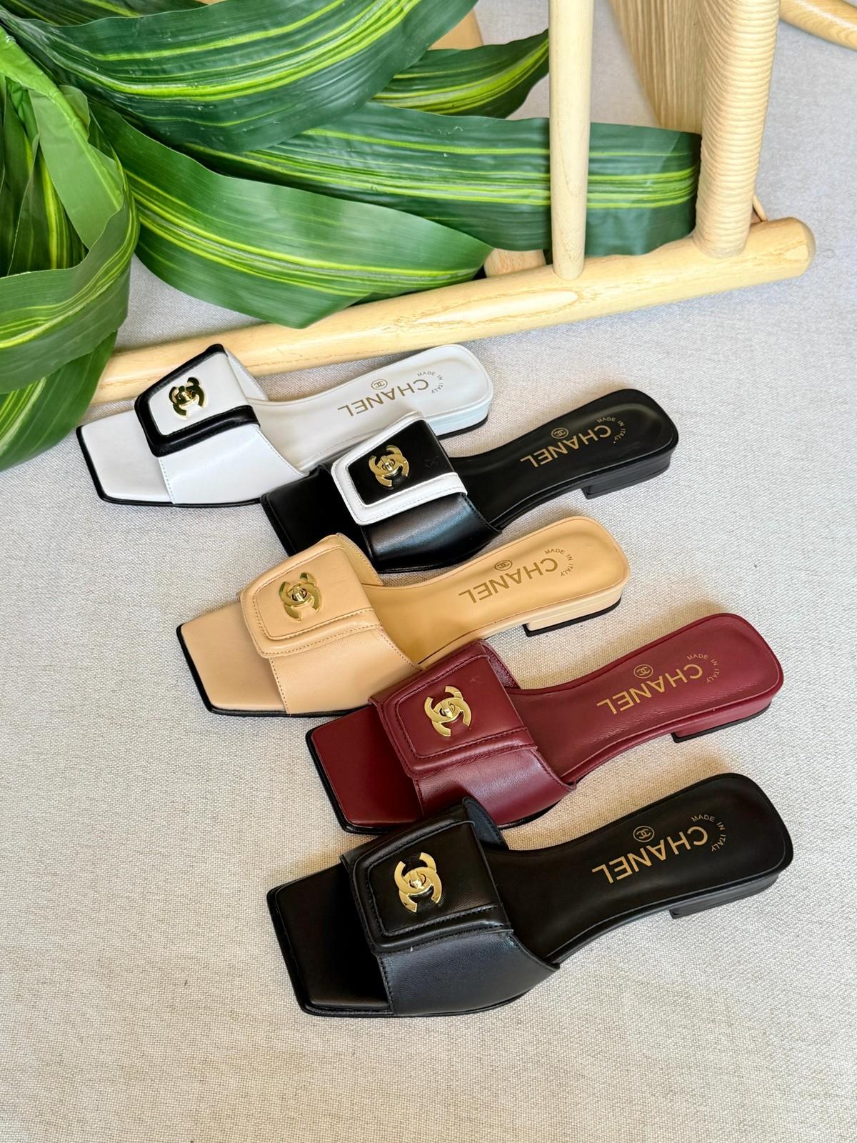 Chanel CC Square-Toe Slide Sandals in Lambskin · 2
