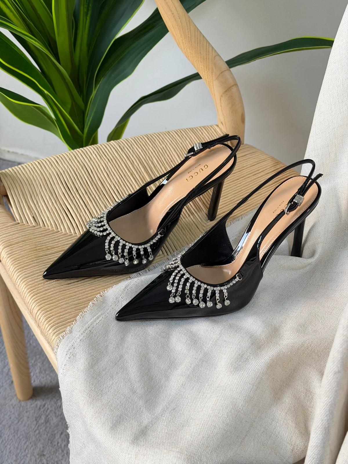 Gucci Crystal-Fringe Pointed Slingback Pumps in Patent Leather · 2