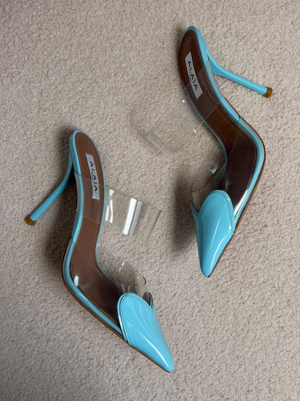 Alaïa Coeur Patent Leather and PVC Mule in Light Blue · 2