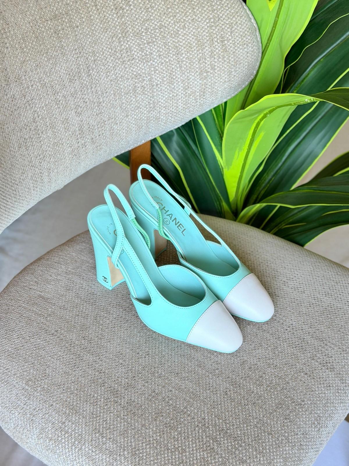 Chanel Slingback Pumps in Mint Green Leather with White Cap Toe · 2