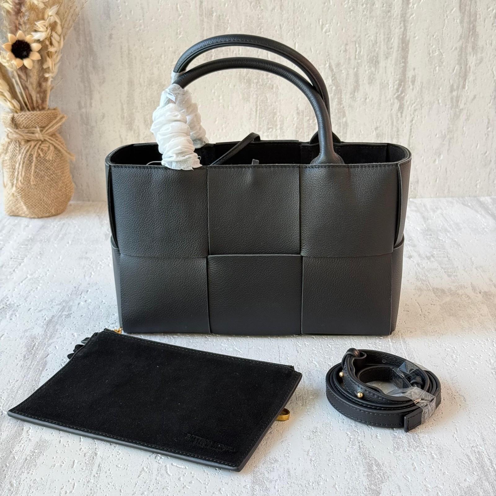Woven Panel Tote Bag in Grained Leather with Pouch and Strap · 2