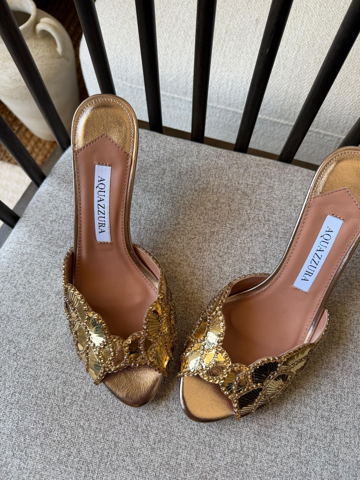 Aquazzura Gold Sequin Embellished Peep-Toe Mule Sandals · 2