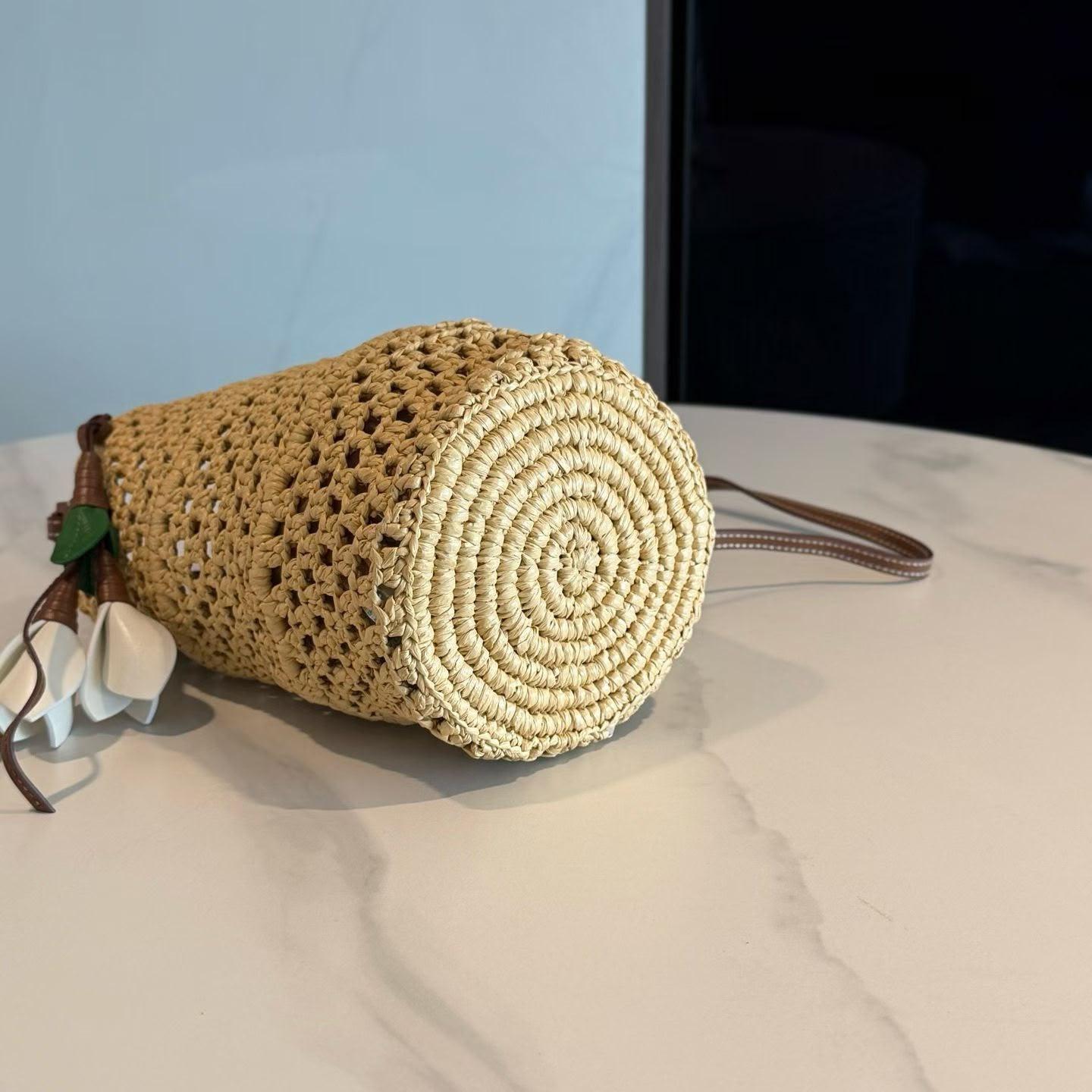 Miu Miu Crochet Raffia Bucket Bag with Leather Flower Charm · 3