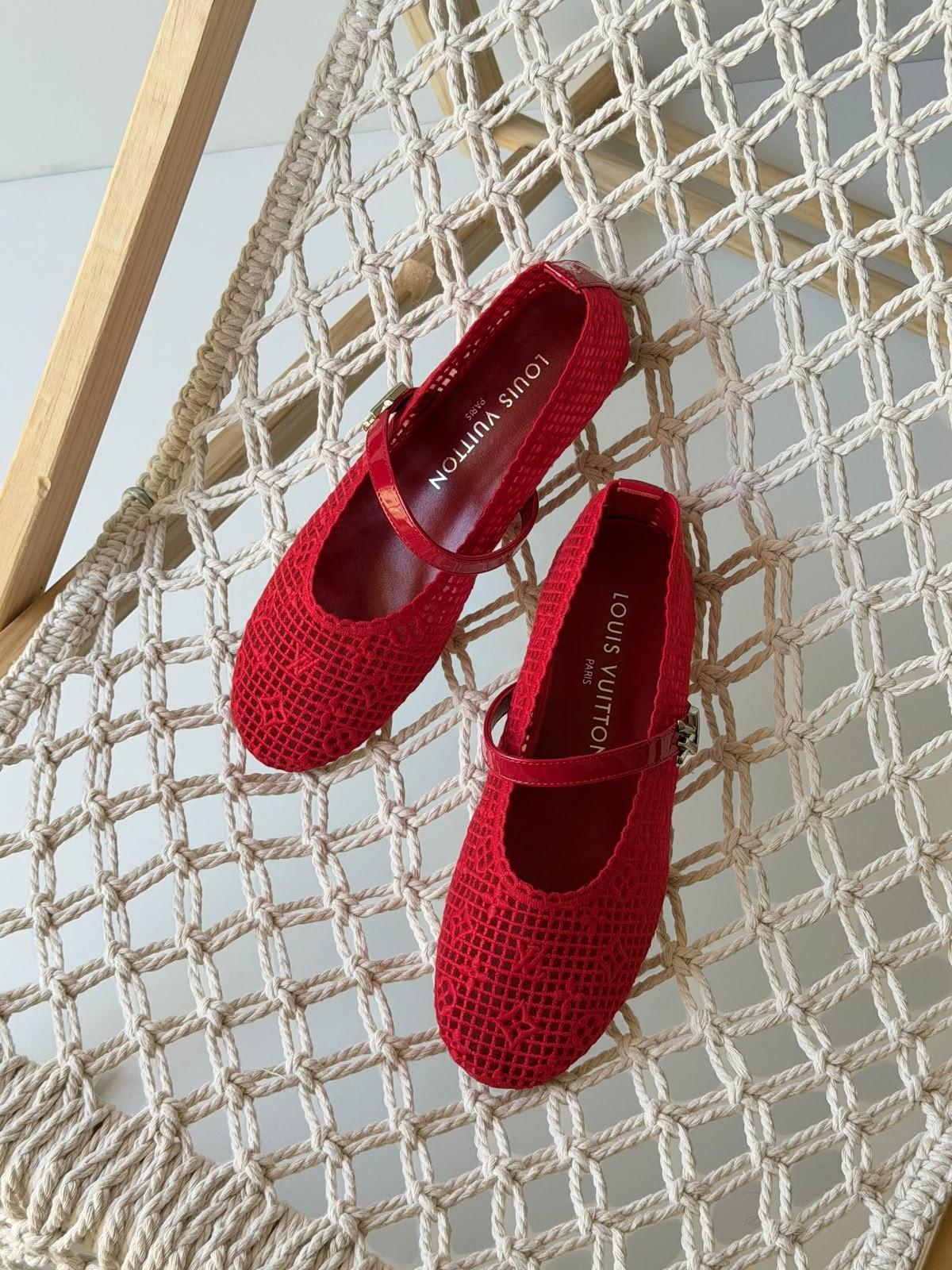 Louis Vuitton Red Mesh Mary Jane Flat with Patent Strap · 2