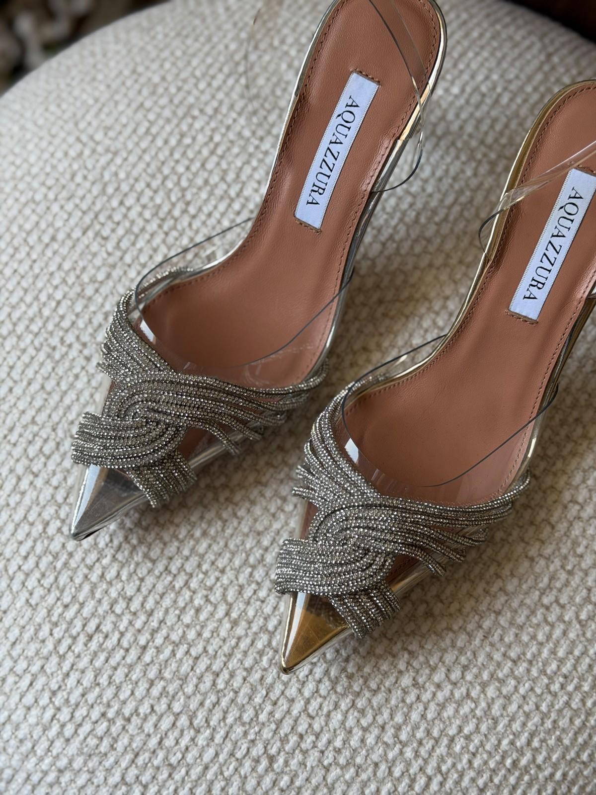 Aquazzura Crystal-Embellished Metallic Strappy Pointed-Toe Sandal in Silver · 3