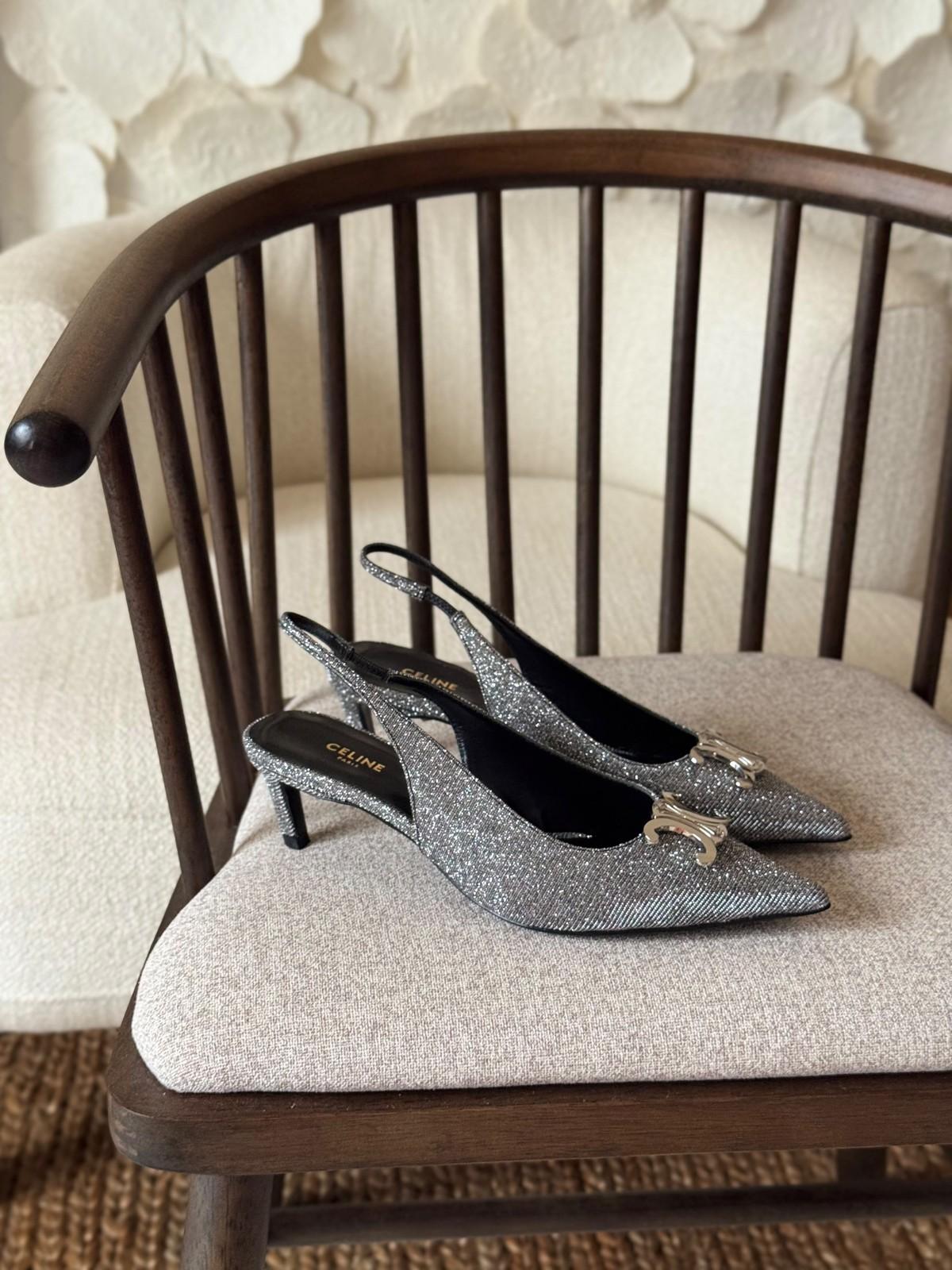 Celine Pointed Slingback Kitten Heel in Silver Glitter with Triomphe Buckle · 3