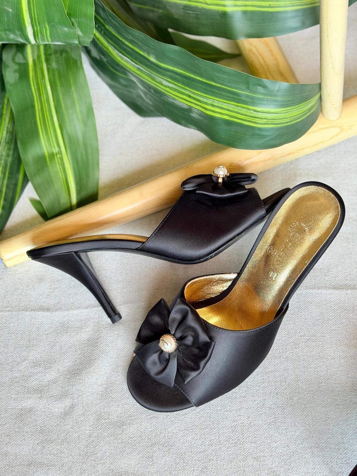 Chanel Satin Bow Mule in Black and White with Pearl Brooch · 3