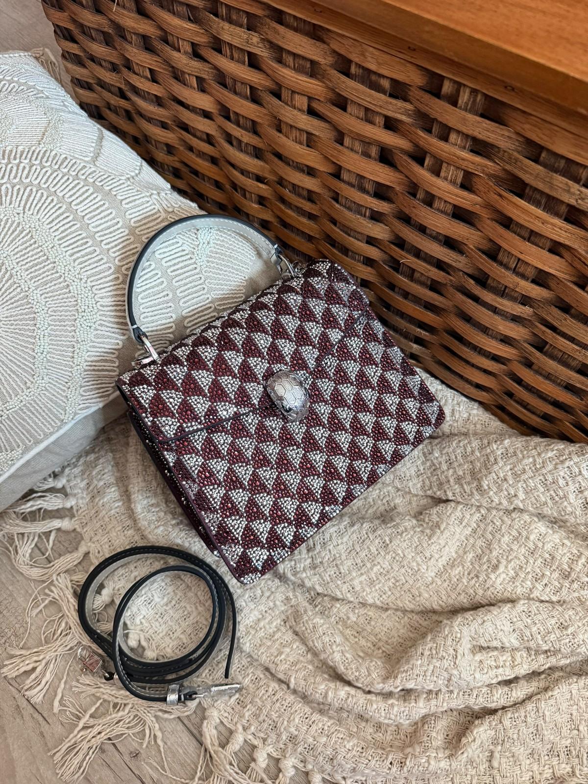 Hand-Beaded Diamond Motif Top-Handle Clutch in Burgundy and Silver · 2