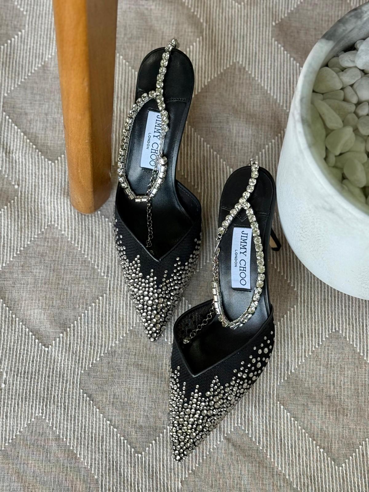 Jimmy Choo Crystal Embellished Pointed Mule in Black Satin · 2