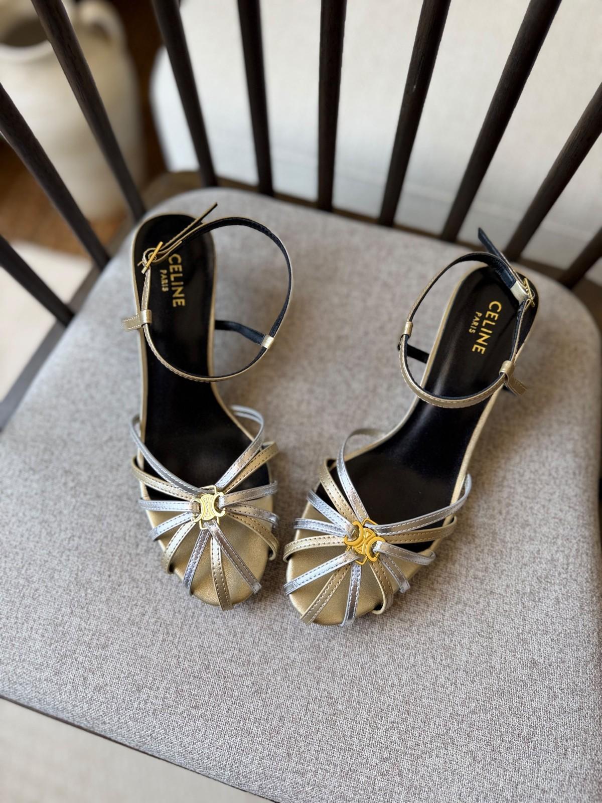 Celine Metallic Strappy Kitten-Heel Sandals in Silver and Gold · 2