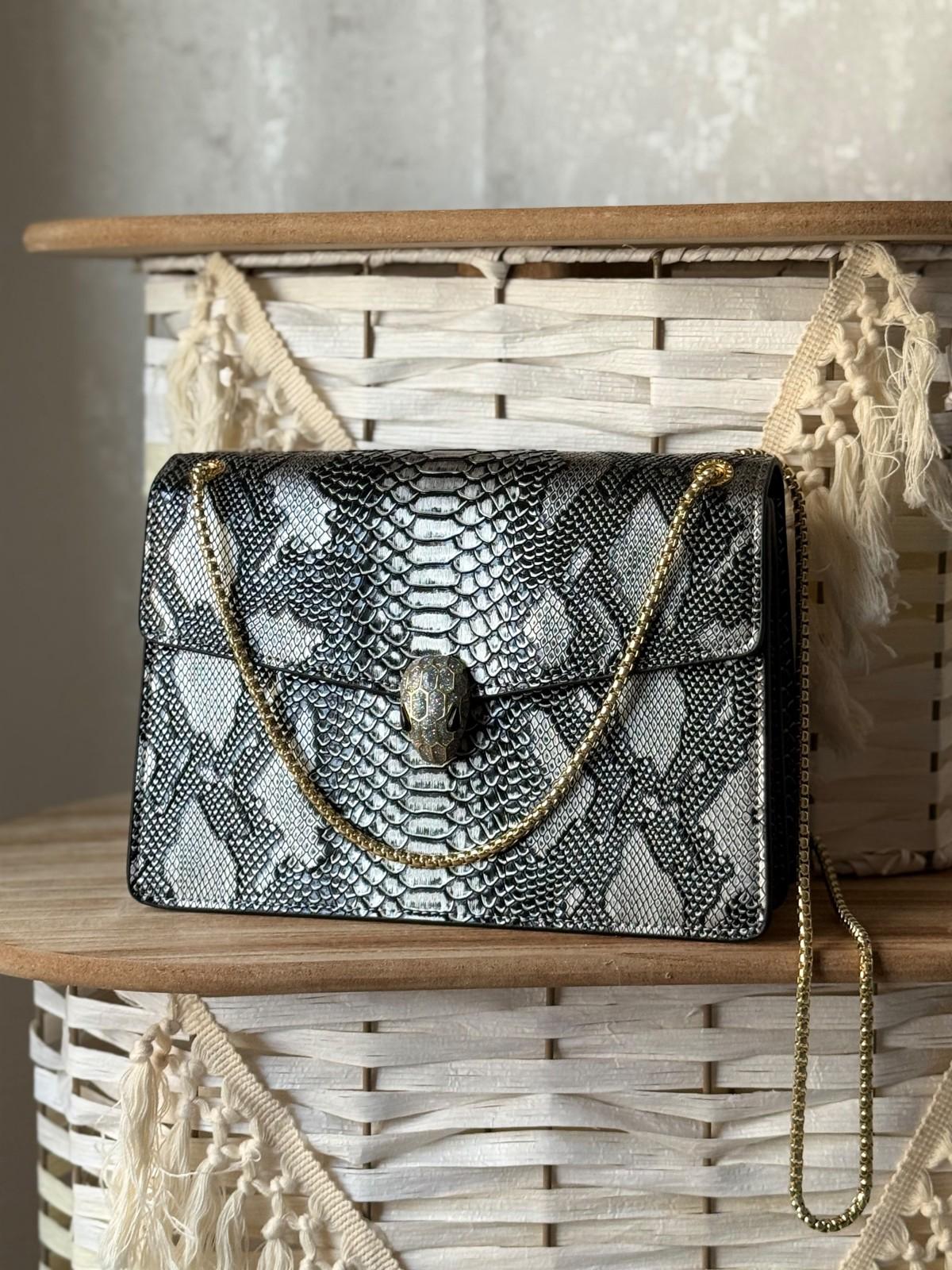 Snake-Print Flap Bag with Enamel Serpent Head Clasp and Gold Chain · 3