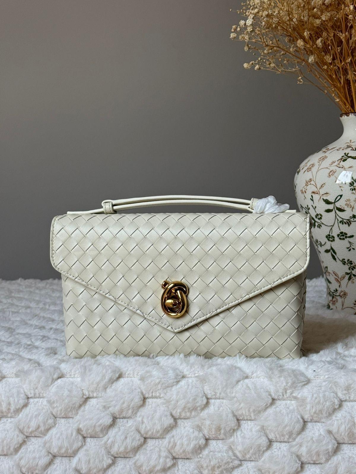Woven Leather Flap Top-Handle Bag with Ring Clasp