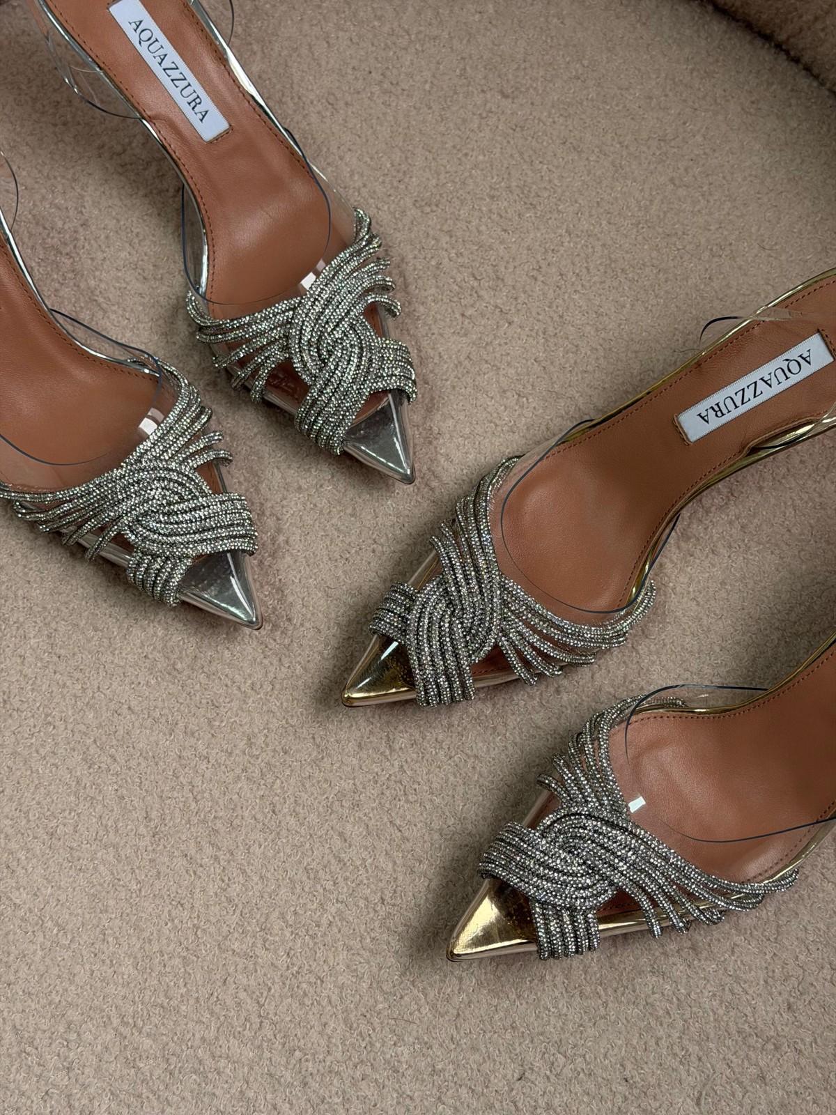 Aquazzura Crystal Beaded Pointed Toe Mule in Silver and Gold · 2