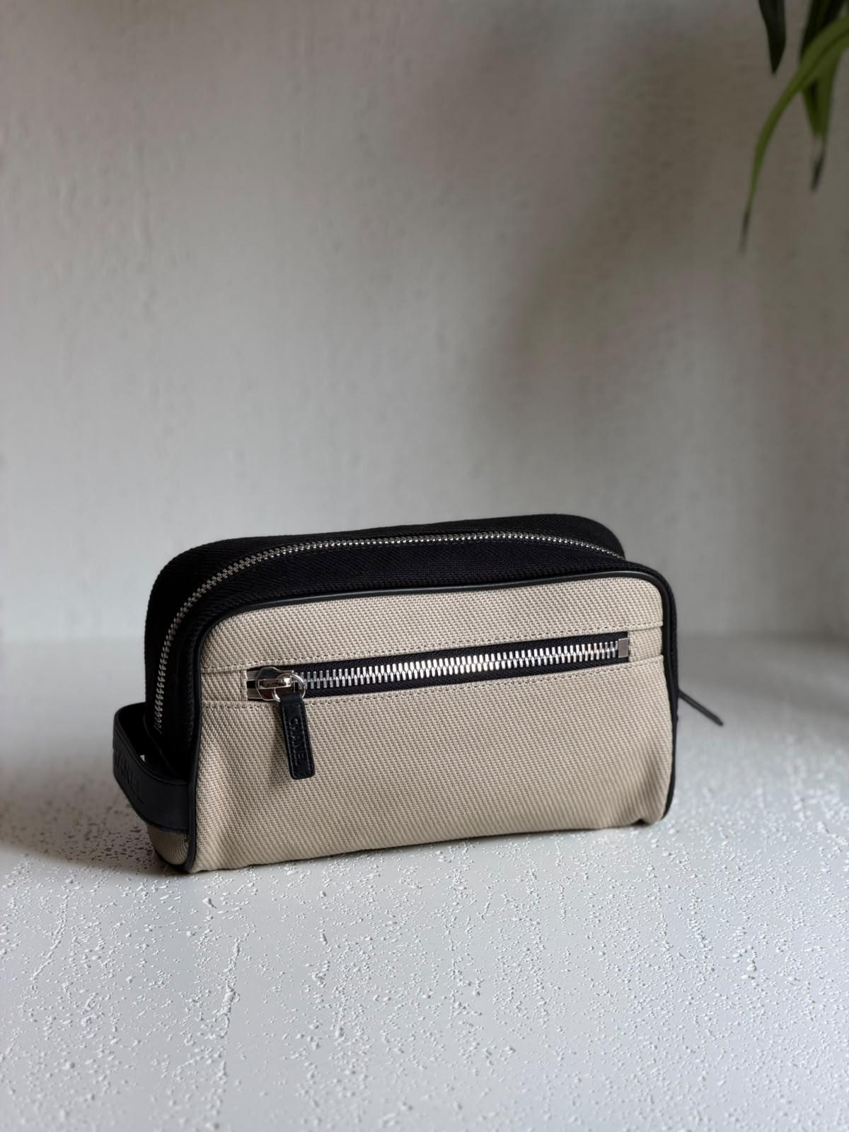 Chanel CC Beige & Black Canvas Zippered Cosmetic Pouch · 2