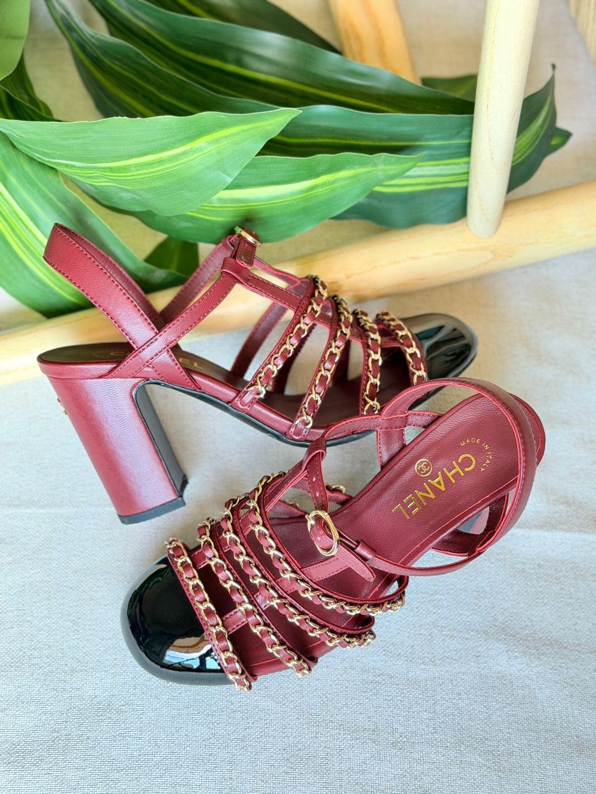 Chanel Chain-Embellished Block-Heel Sandals in Patent Calfskin · 2