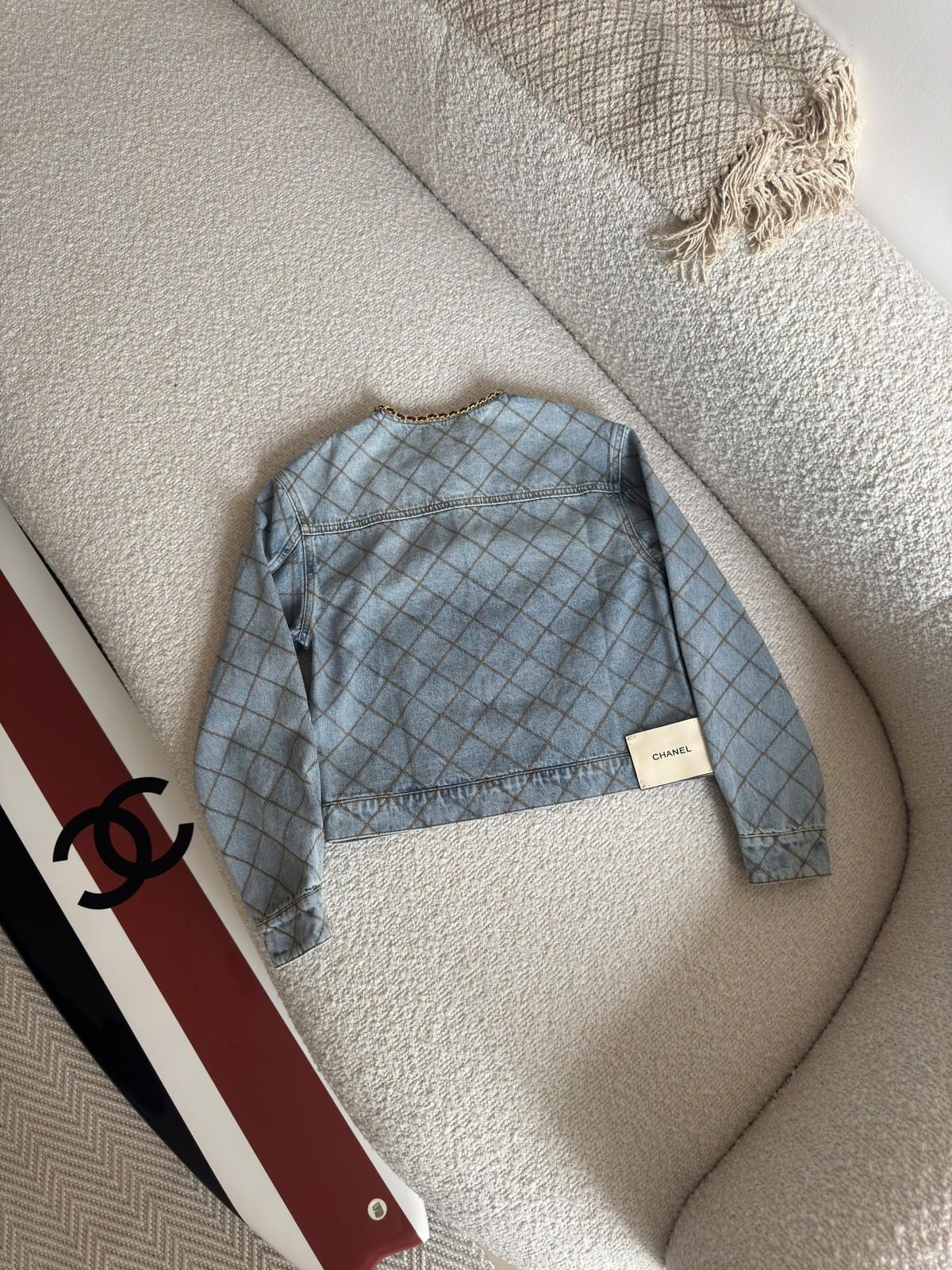 Chanel Quilted Denim Jacket in Light Blue with Gold-Tone Chain Trim · 2