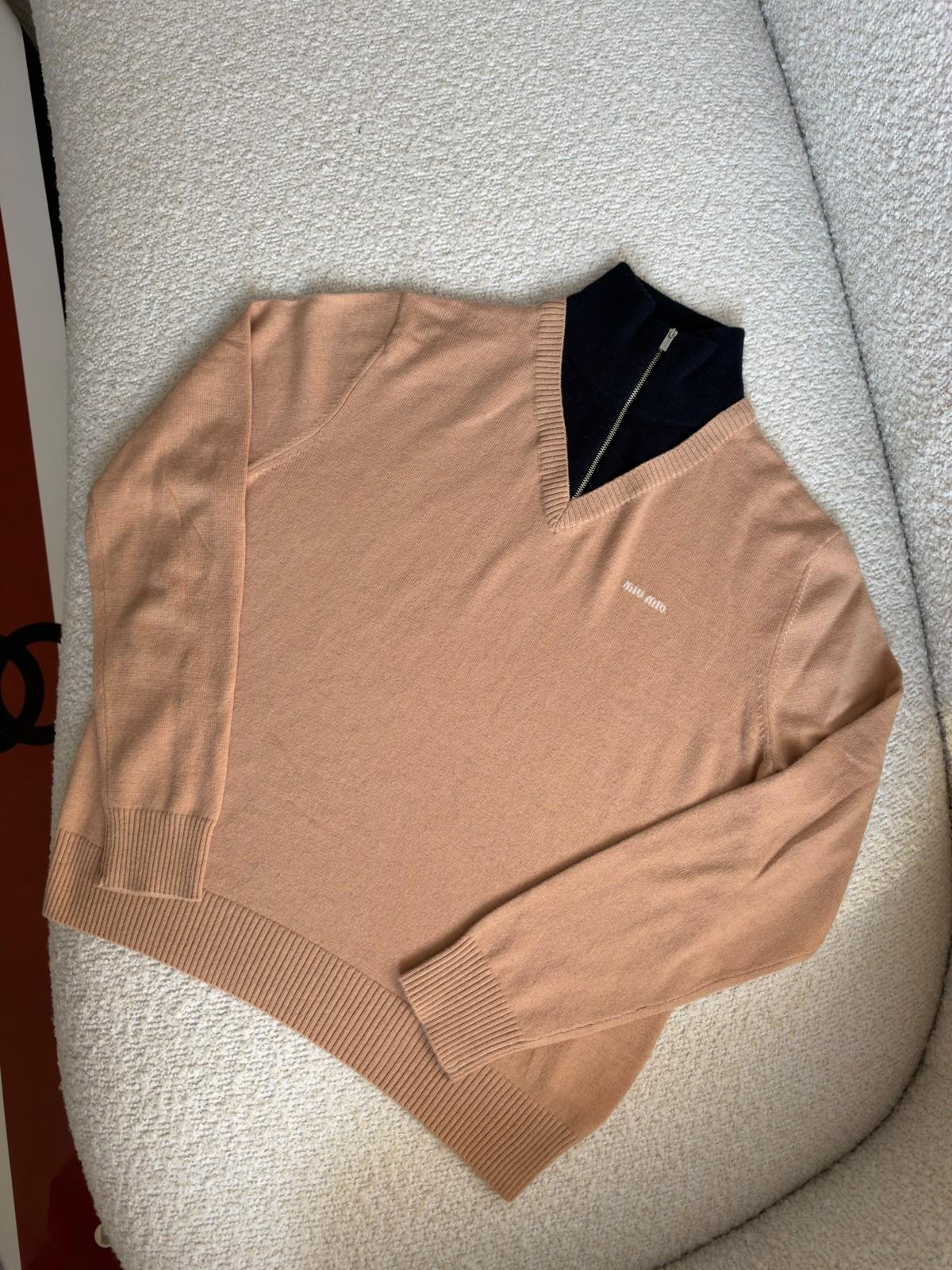 Miu Miu Beige Wool Sweater with Navy Zip Collar · 2
